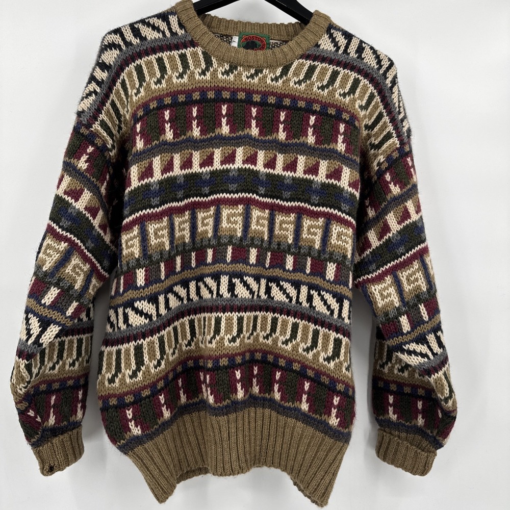 Vintage Boston Traders Sweater Mens Large Wool‎ Abstract Aztec Fair Isle Chunky